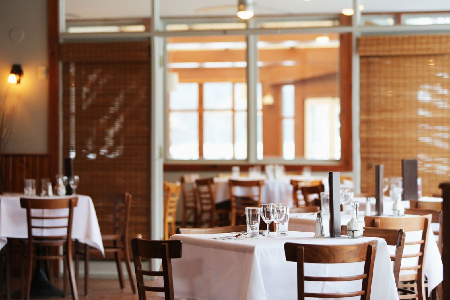 Warm wood-panelled casual dining interior with plants and soft lighting